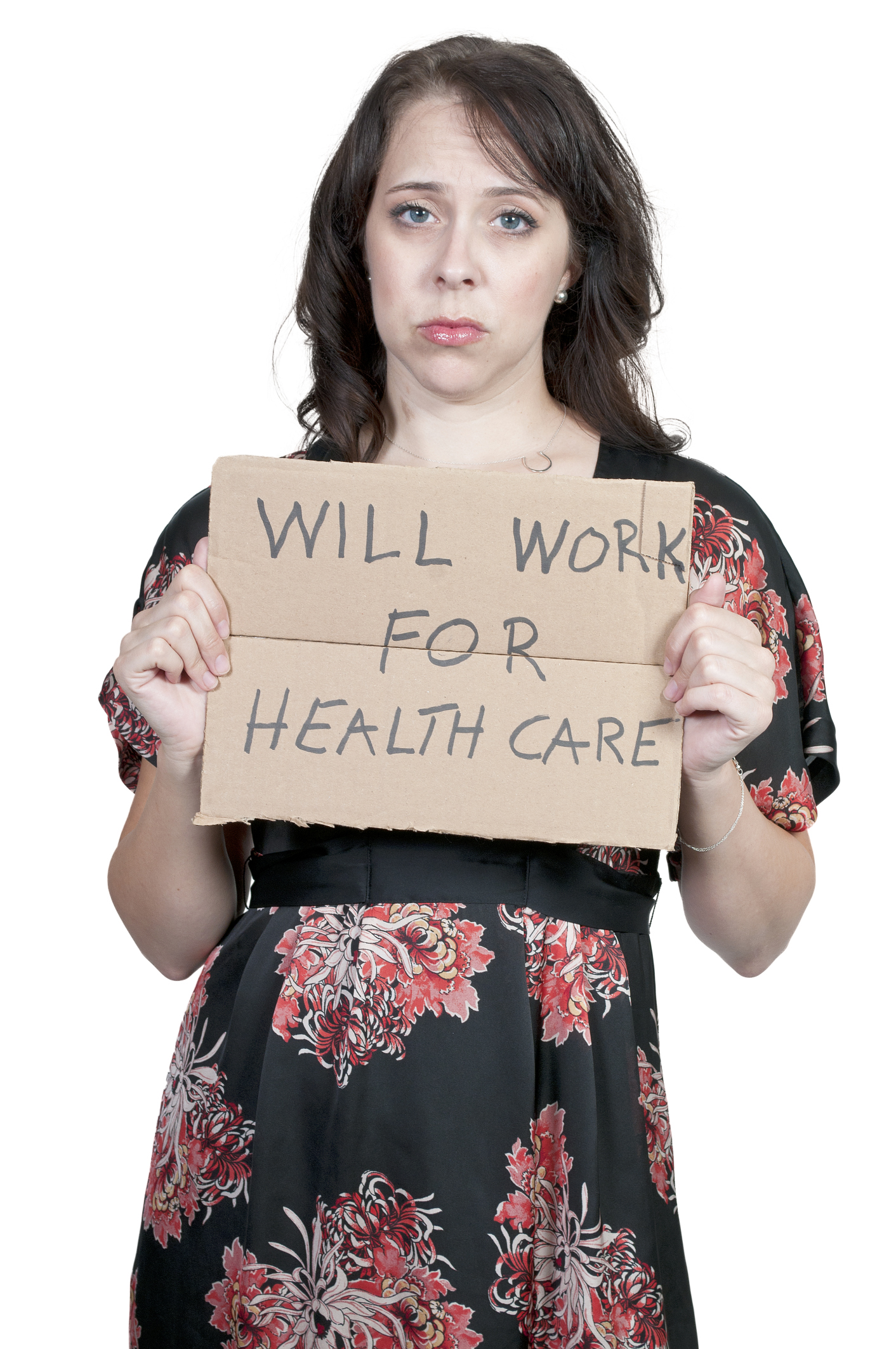 Sad woman holding sign will work for healthcare