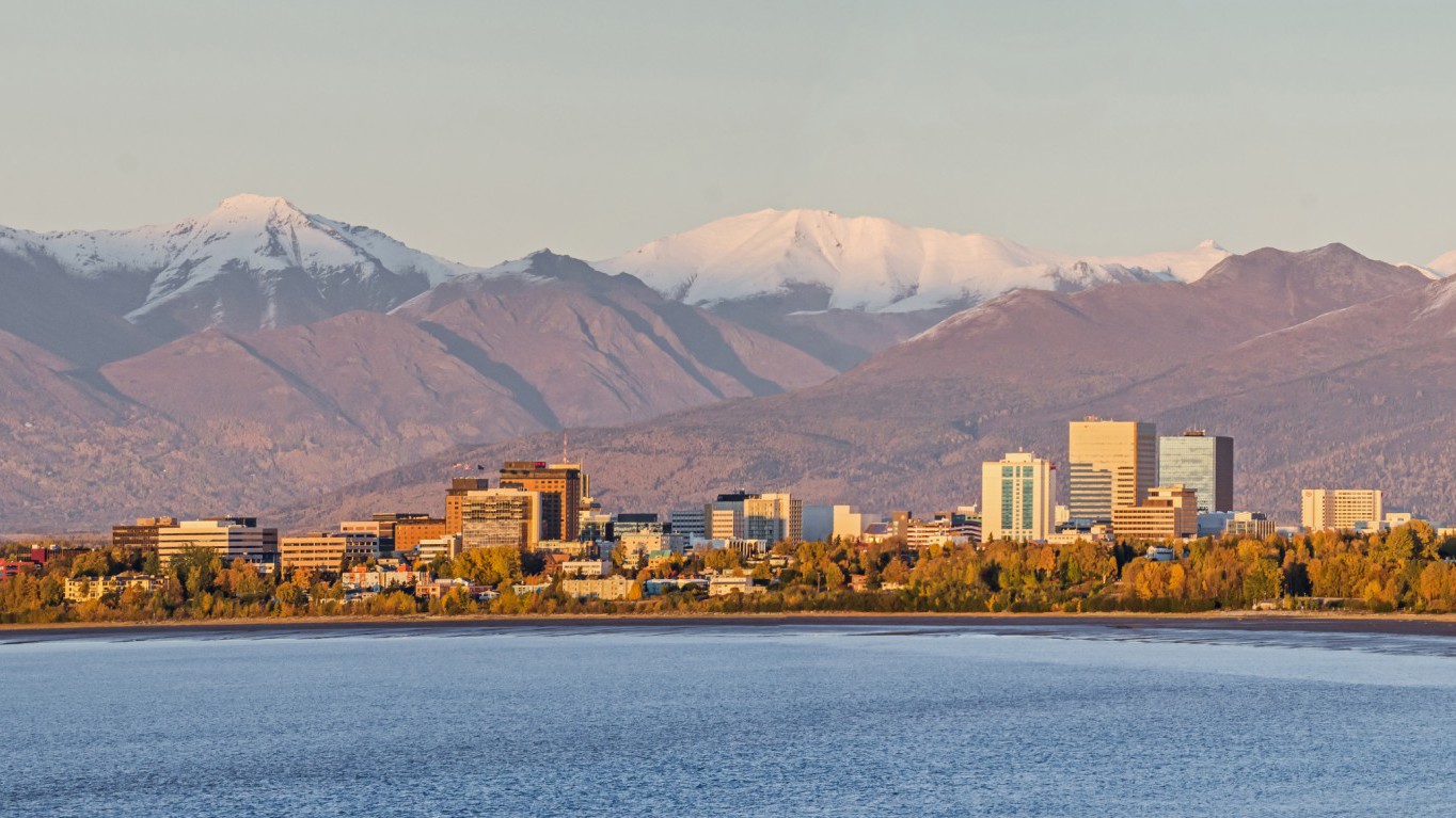 Anchorage, Alaska at sunset below the Chugach Mountains