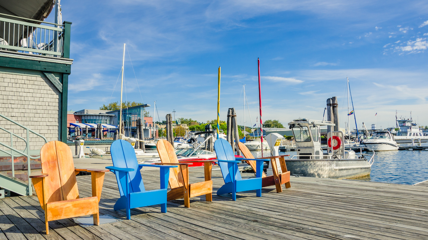 Colourful Chairs on a Jetty at Sunset, Burlington, Vermont