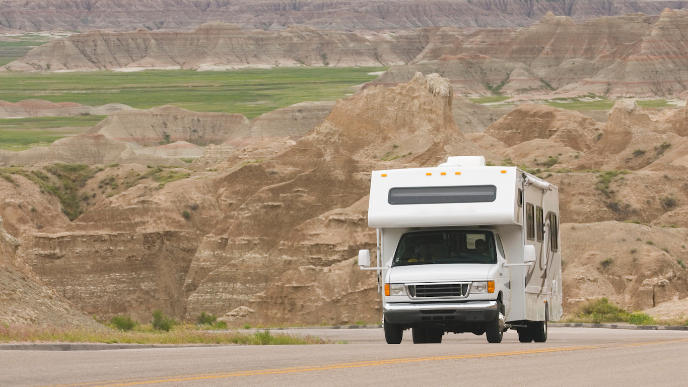 RV class C climbing scenic mountain road in the Badlands,