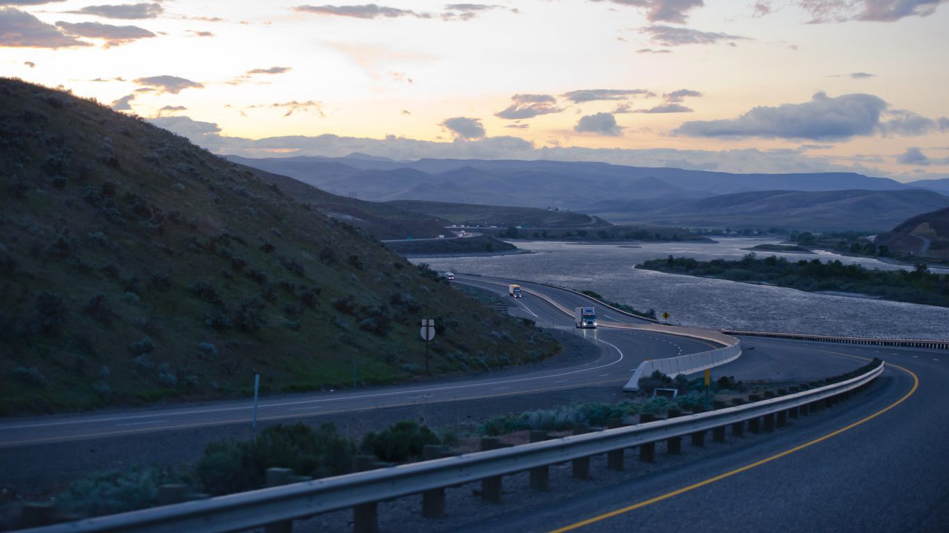 Oregon - Columbia Gorge winding highway with semi trucks evening traffic