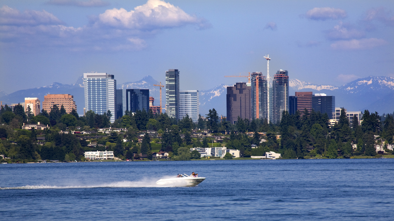 Bellevue Washington from Lake with Mountains