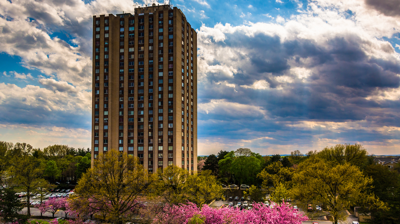 Building and colorful trees in Gaithersburg, Maryland.