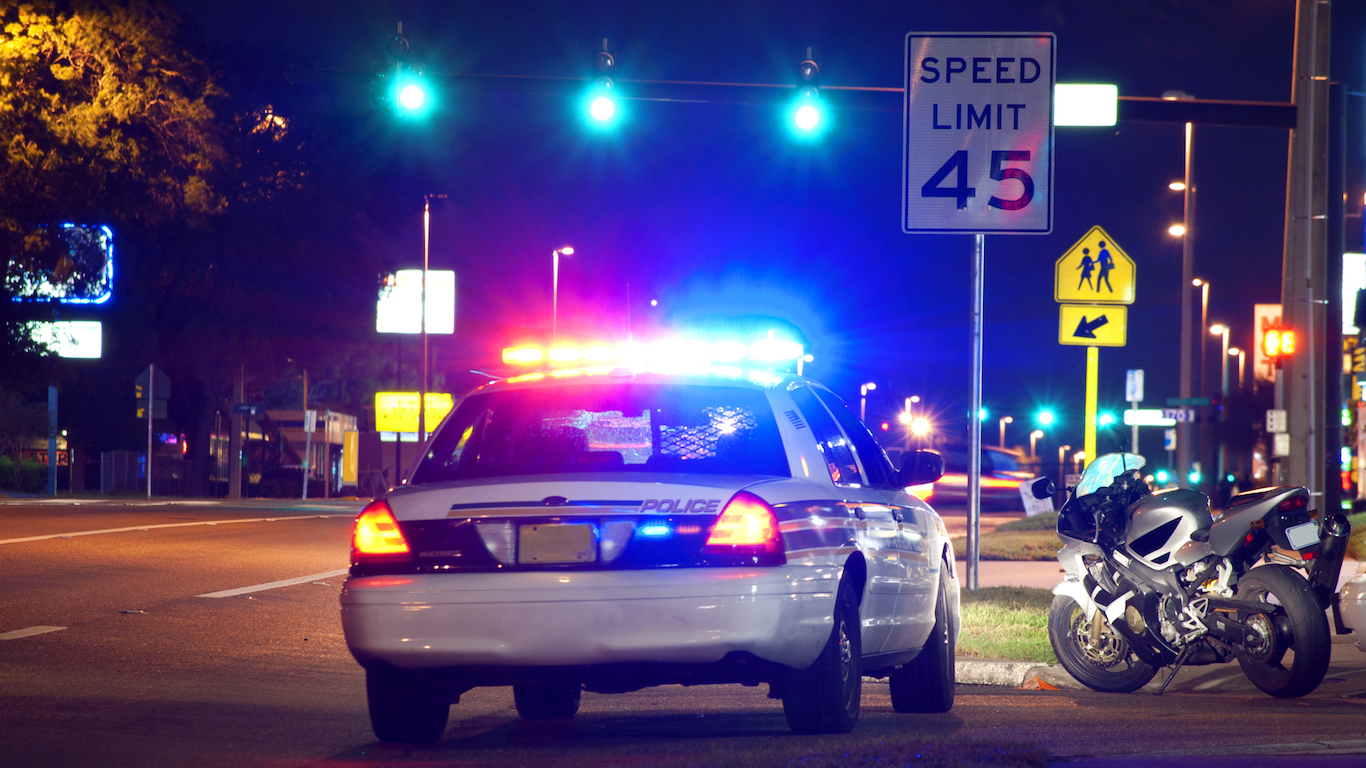 Police patrol car, traffic stop at night with motorcycle pulled over