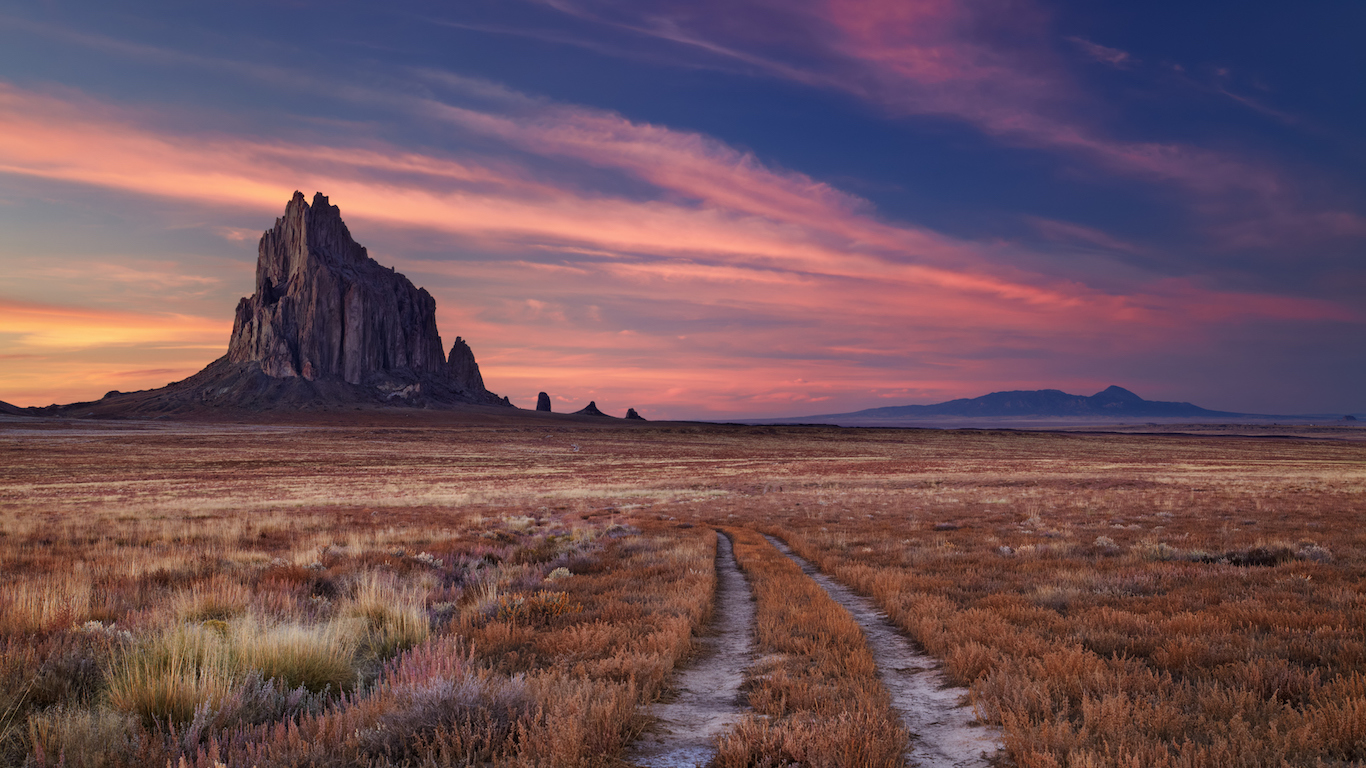 Shiprock, the great volcanic rock mountain in desert plane of New Mexico, USA