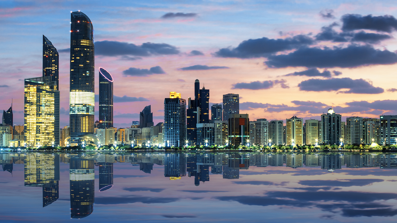 View of Abu Dhabi Skyline at sunset, United Arab Emirates