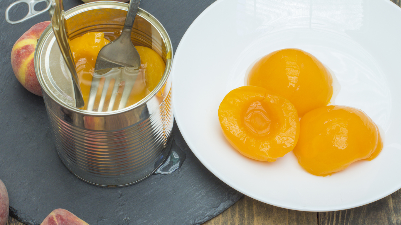 Canned peaches,tin can with preserved peaches, fresh peaches around the canned fruit