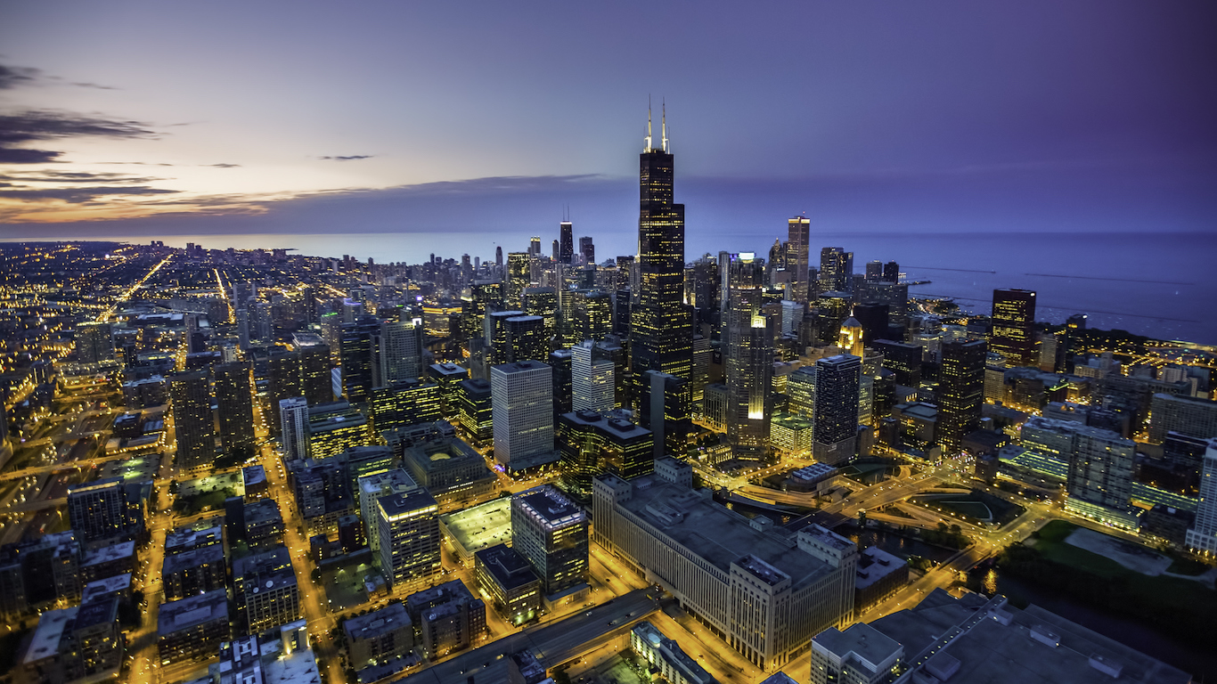 Chicago, Illinois skyline aerial view at dusk