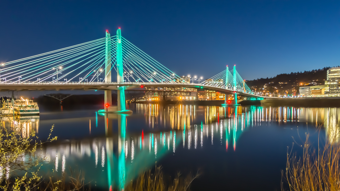 Reflections Illuminated Tilikum Crossing Portland Oregon Willamette River Evening HDR