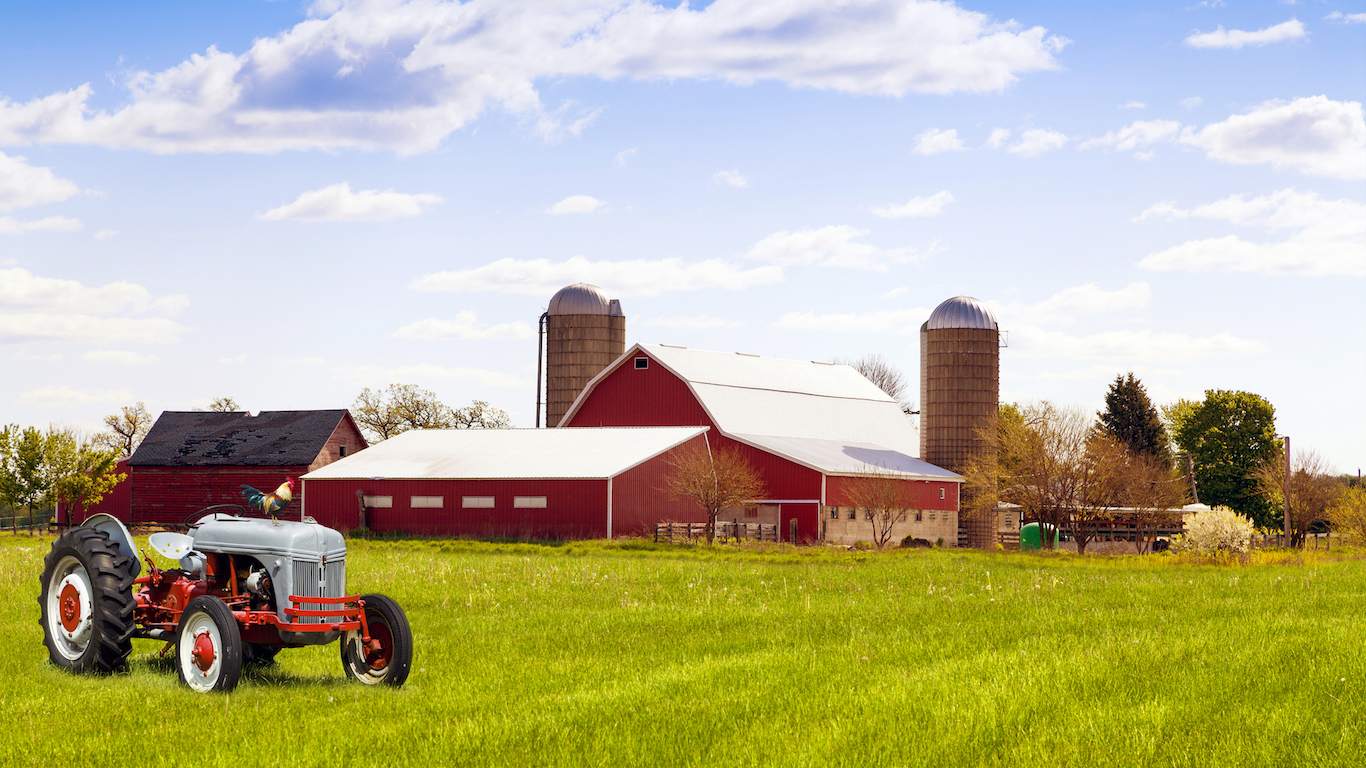 Traditional american red farm with tractor, Wisconsin