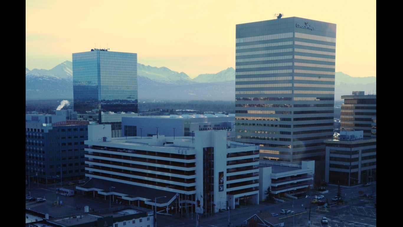 Horizontal lines of the buildings in downtown Anchorage and the Chugach Range from above, the 18th floor of the Captain Cook Hotel, Anchorage, Alaska, USA by Wonderlane