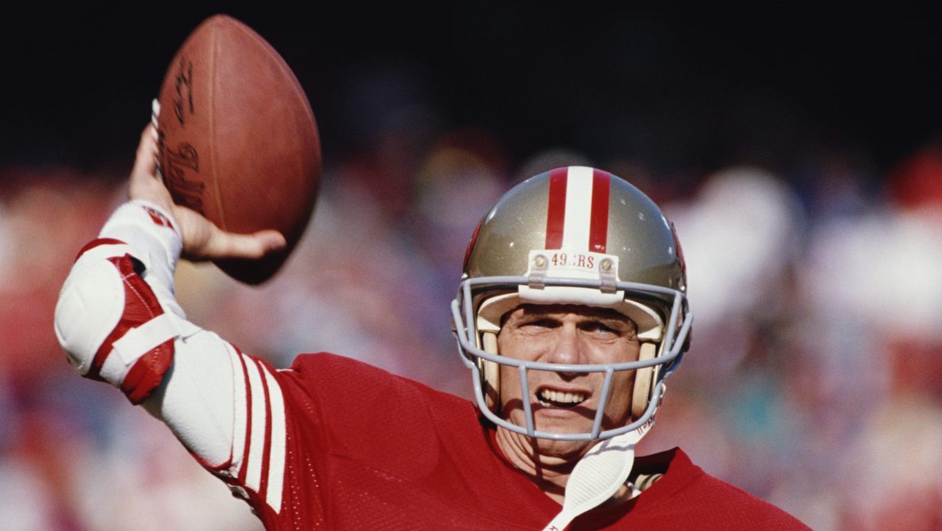 Joe Montana #16, Quarterback for the San Francisco 49ers during the National Football Conference West Divisional game against the Minnesota Vikings on 6 January 1990 at Candlestick Park, San Francisco, California, United States. The 49ers won the game 41 - 13. (Photo by Otto Greule Jr/Getty Images)