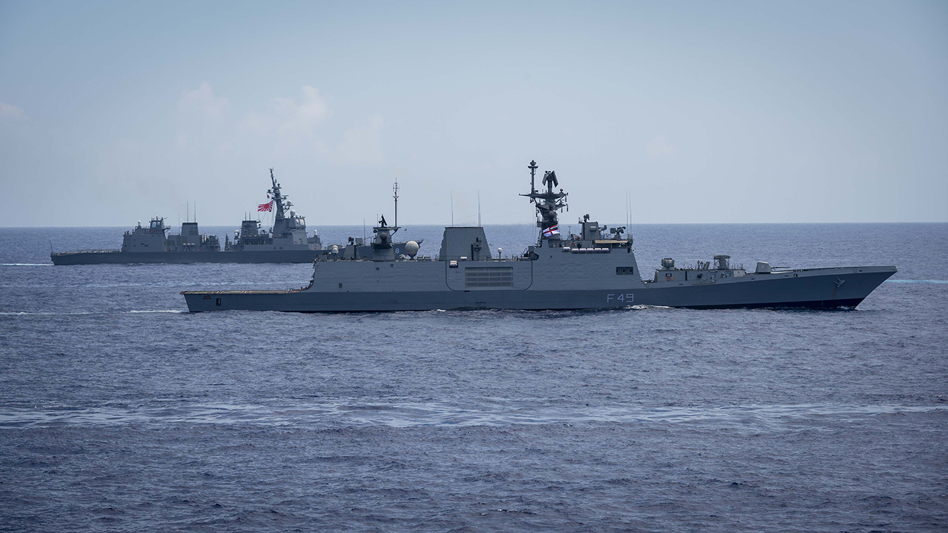 180615-N-ZL062-0077 The Shivalik-class stealth multi-role frigate INS Kamorta (F49) and the azuki-class JS Fuyuzuki (DD 118) sails in formation during exercise Malabar 2018. Malabar 2018 is the 22nd by Naval Gazer