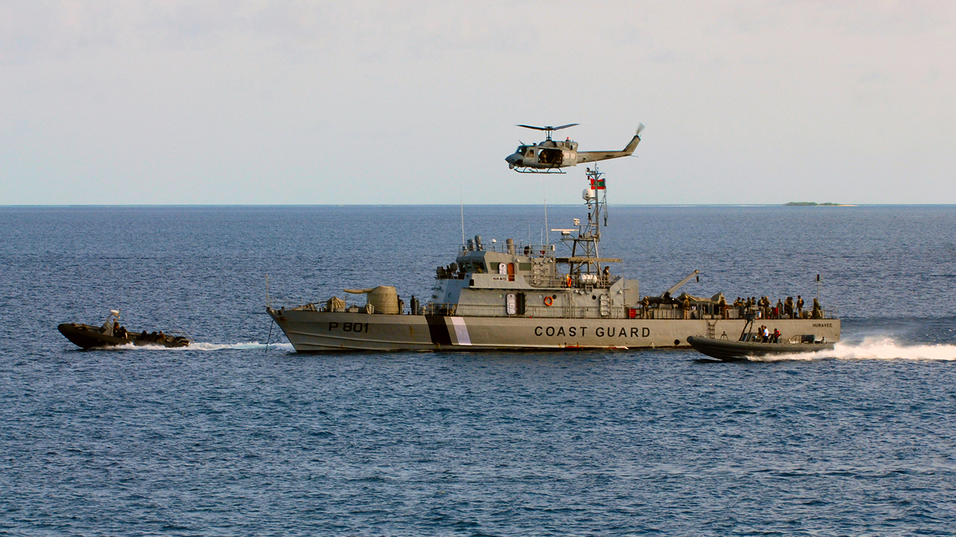 Maldivian coast guard ship Hurawee (801) (formerly Indian Navy Ship Tillanchang T62) serves as a non-compliant vessel during an exercise by BotMultichillT 