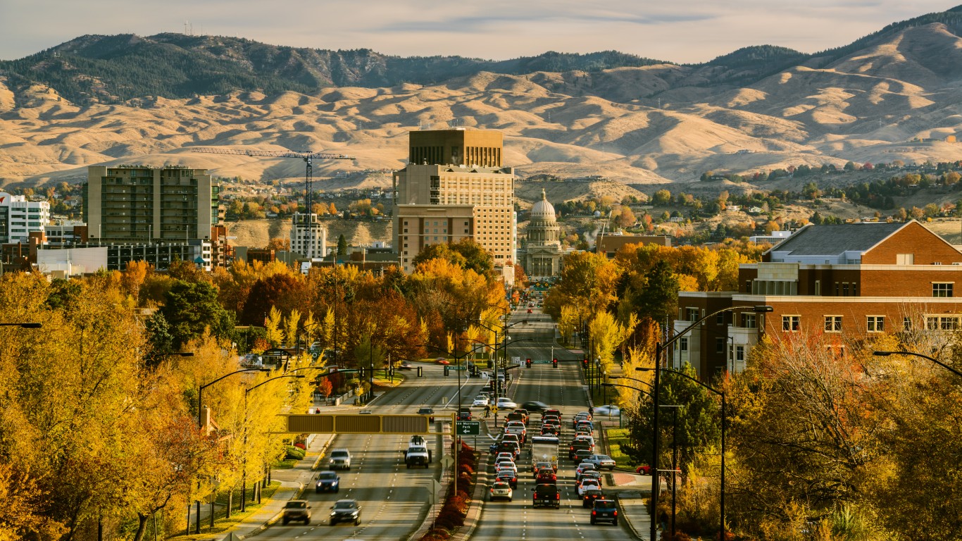 View of Boise downtown and Idaho Capitol on a fine autumn morning as seen from Capitol Blvd, Boise, Idaho, USA