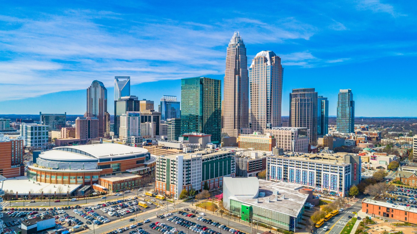 Drone Aerial of Downtown Charlotte, North Carolina, NC, USA Skyline.