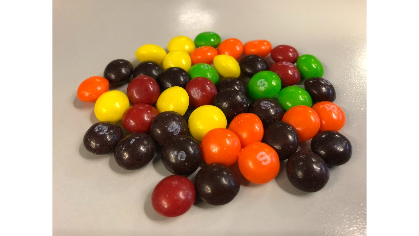 The contents of a fun-size packet of Skittles in the Dulles section of Sterling, Loudoun County, Virginia by Famartin