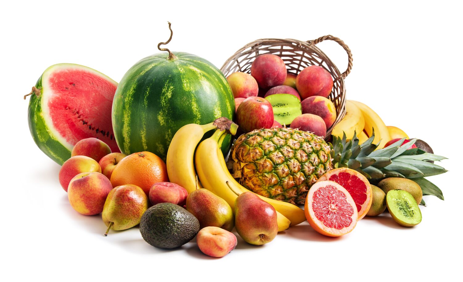 Still life of tropical fruits. Pineapple, watermelon, pears, apples, peaches, grapefruit, kiwi, pears, avocados on a white background. Isolate