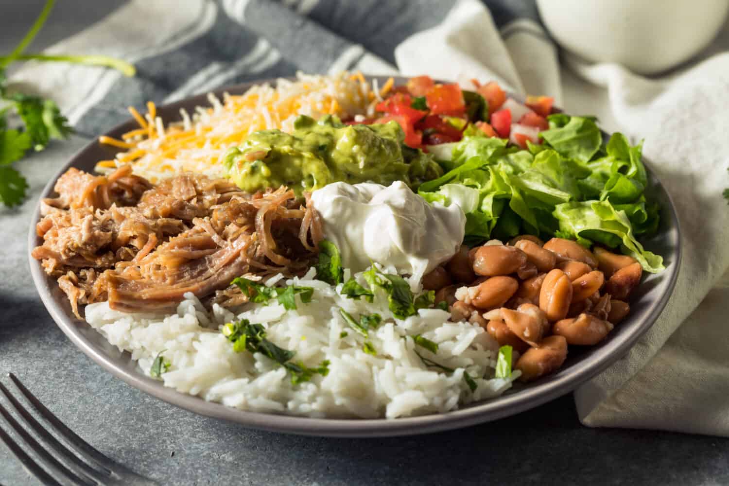 Healthy Homemade Mexican Carnitas Burrito Bowl Cilantro and Guacamole