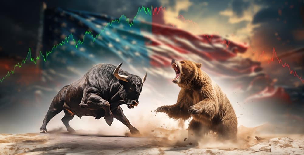 Stock market green red color economy. usa flag background. Trends economic Effect recession on US economy. Stock crash market exchange loss trading. Bull and bear fighting concept stock market