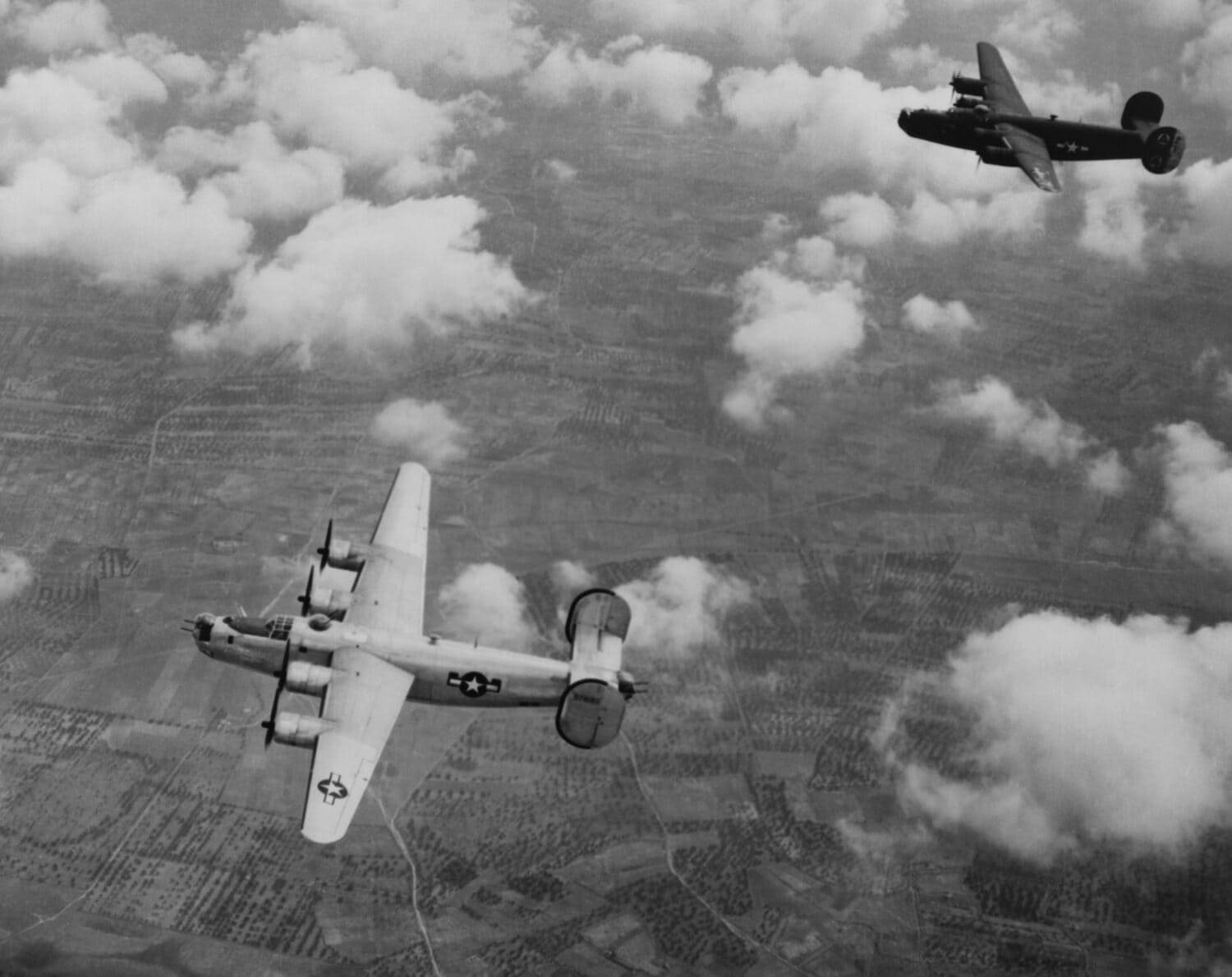 U.S. Air Force Consolidated B-24 Liberators, medium bombers, in flight over Italy. Ca. 1943-44.