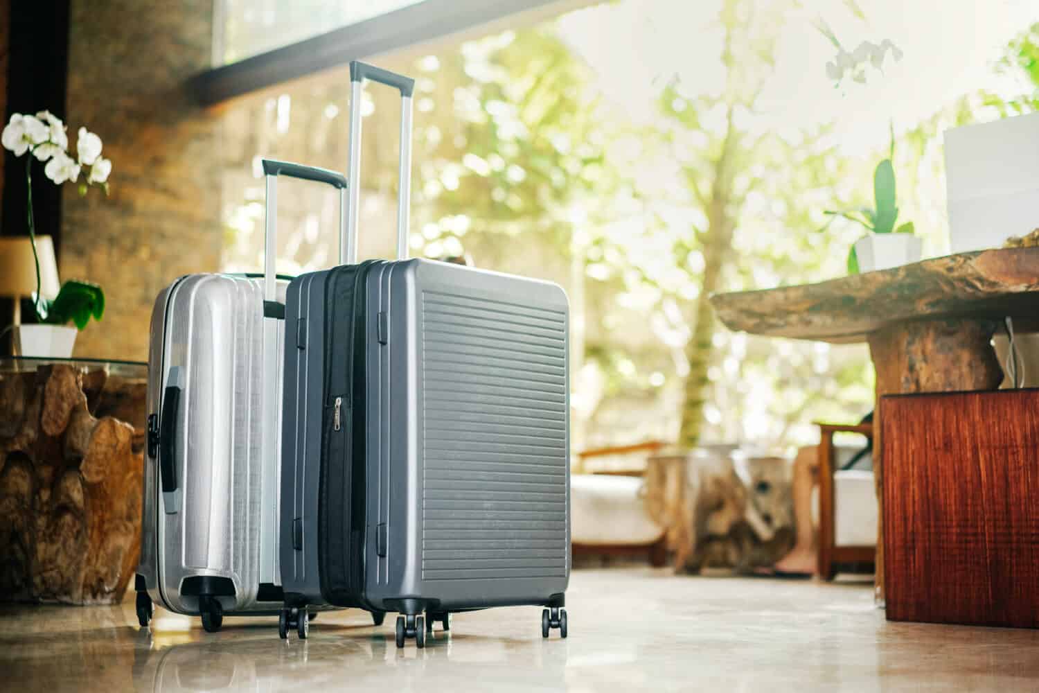 two gray large suitcases stand in the lobby of the hotel on the background of the waiting room and tropical greenery. The concept of vacation and travel.