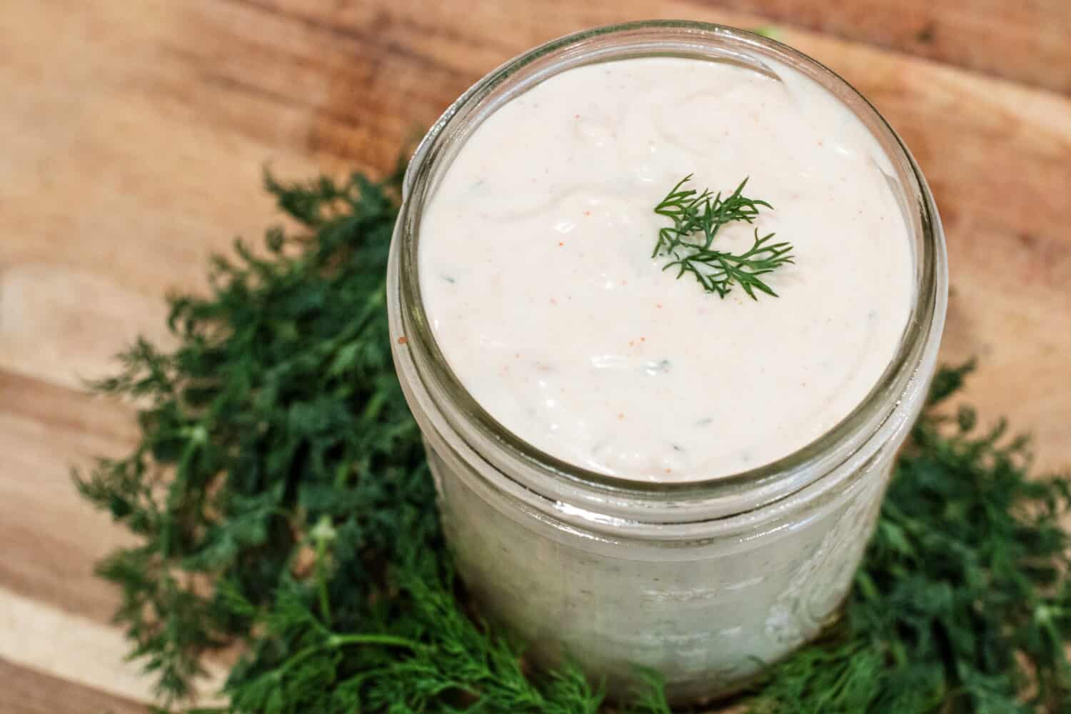 Jar of homemade creamy ranch dressing