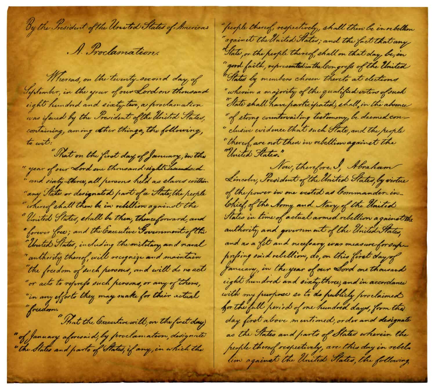 Parchment replica of page one of the Emancipation Proclamation