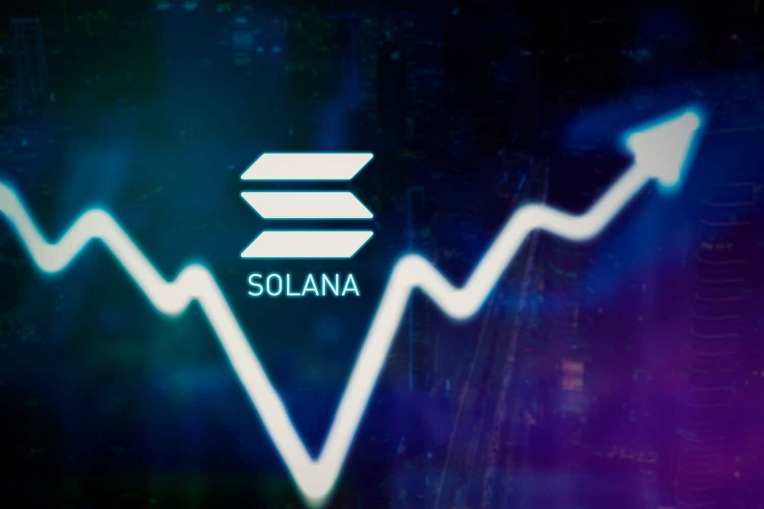 Close up of upward arrow and Solana symbol with virtual screen background