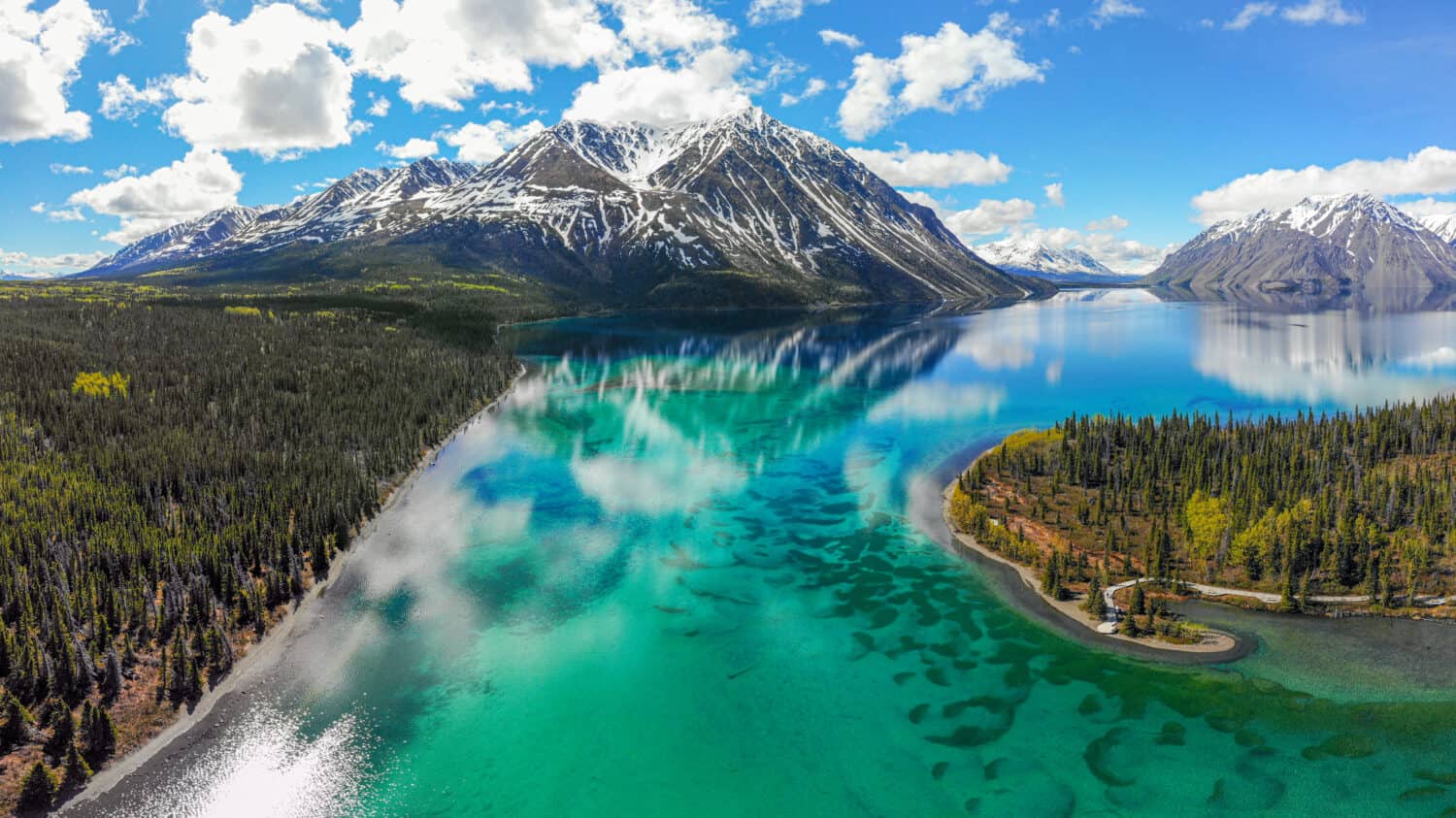Kathleen Lake, Haines Junction, Yukon Territory, Canada during summertime. Taken by aerial view of the entire blue, green, turquoise natural view. Boreal, wilderness, spruce forest surrounding.