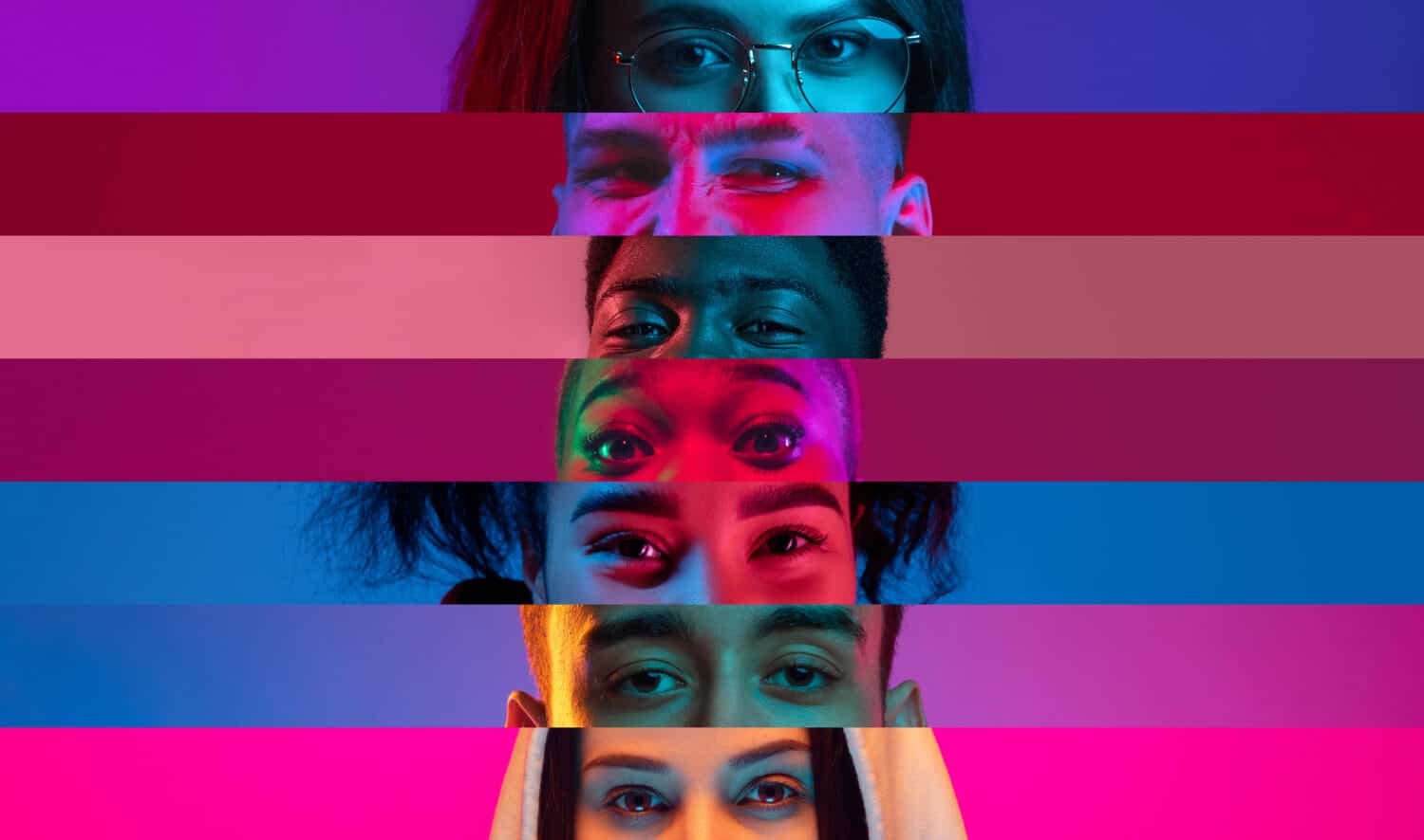 Collage of close-up male and female eyes isolated on colored neon backgorund. Multicolored stripes. Flyer with copy space for ad. Concept of equality, unification of all nations, ages and interests