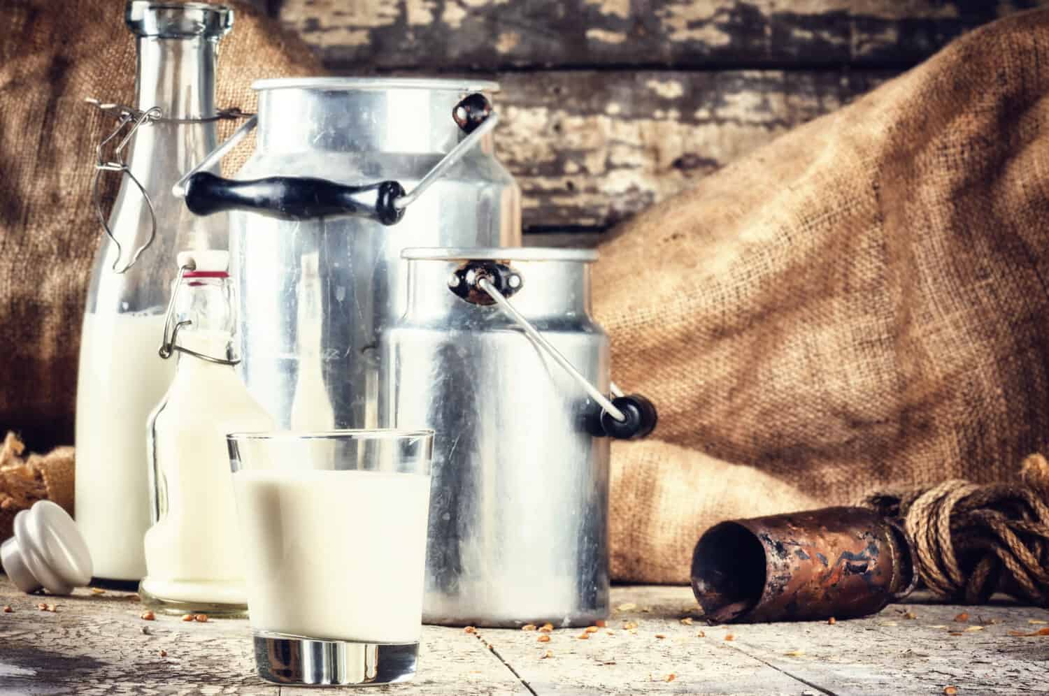 Farm setting with fresh milk in various bottles and cans