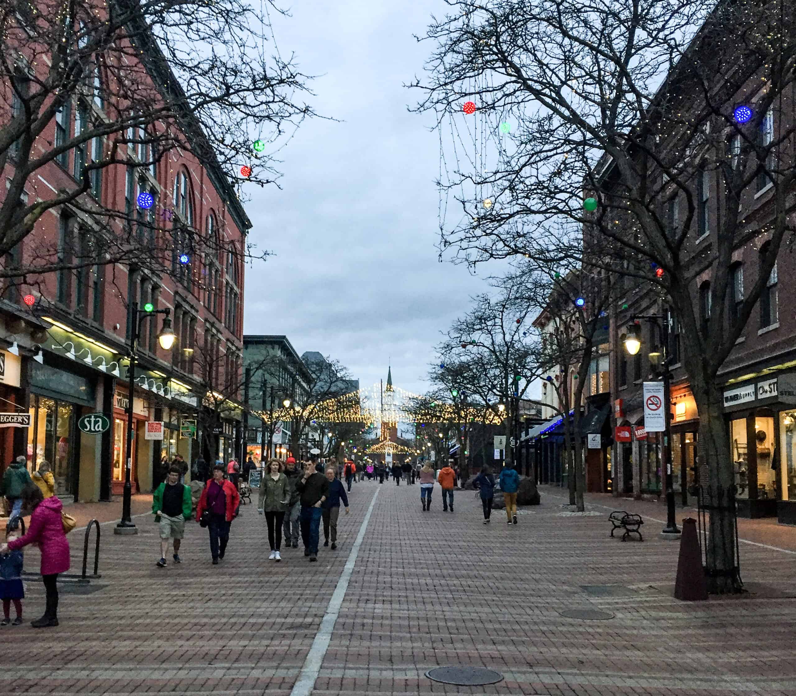 Church Street Marketplace (Burlington, Vermont) at dusk by Kenneth C. Zirkel