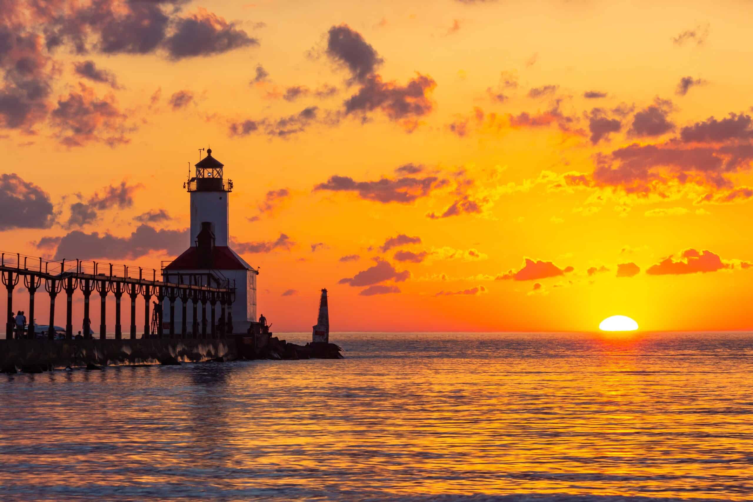 Michigan City, Indiana | Dramatic Sunset at Michigan City East Pierhead Lighthouse