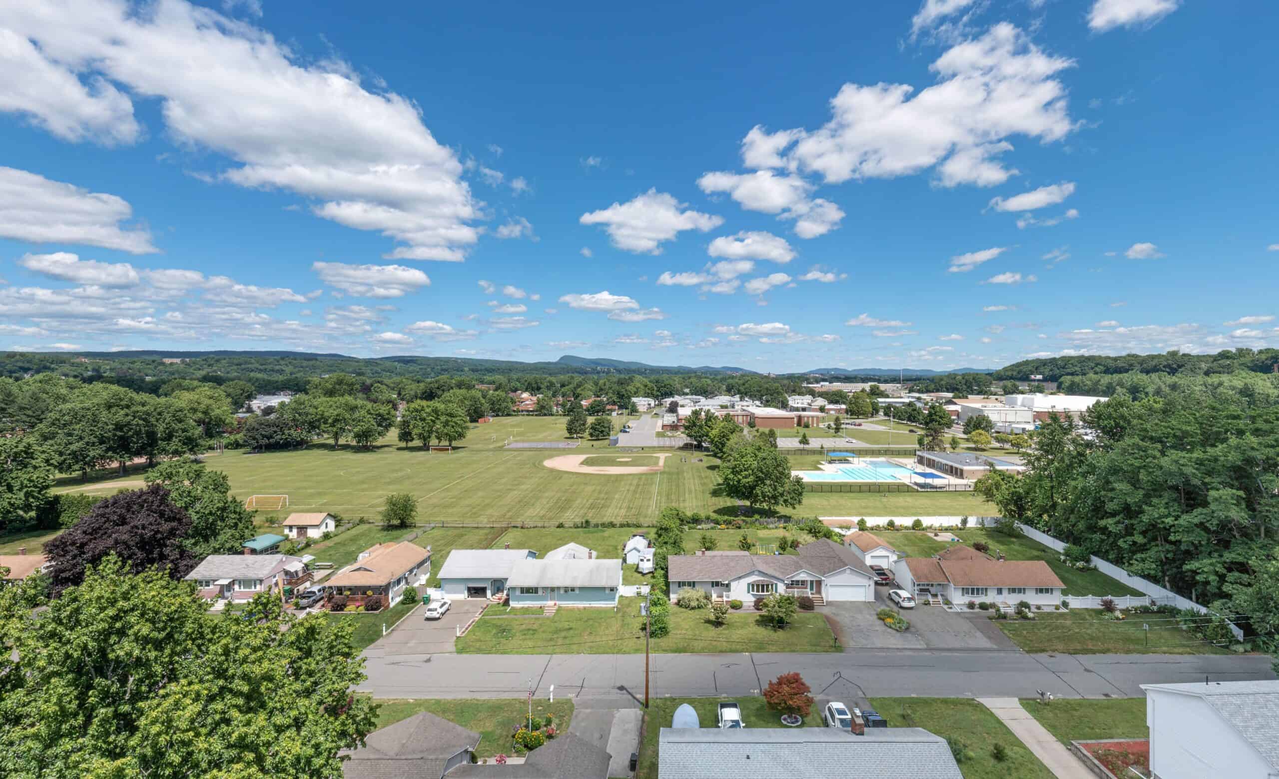 Chicopee, Massachusetts | Aerial view of a rural residential area with a variety of homes in Chicopee, Massachusetts