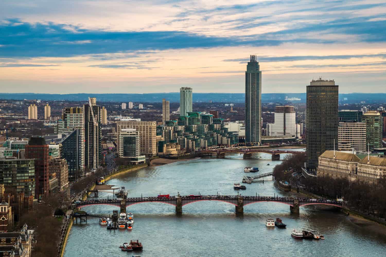 London, England - Aerial skyline view of west London, including Lambeth bridge and Vauxhall Bridge with skyscrapers