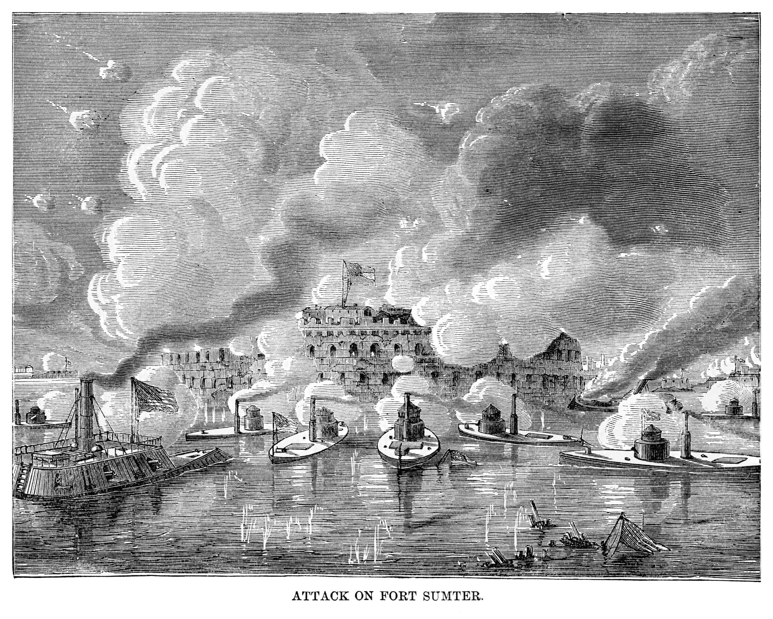 Attack on Fort Sumter | Old engraving illustration of attack on Fort Sumter, sea fort in Charleston, South Carolina