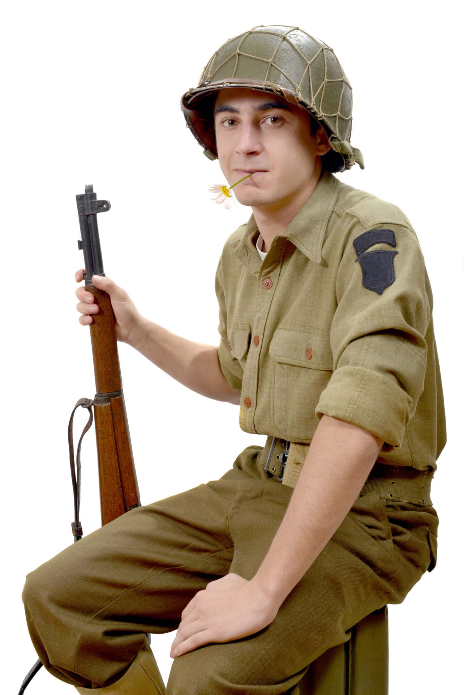 American soldier and his M1 garand with a flower in her mouth