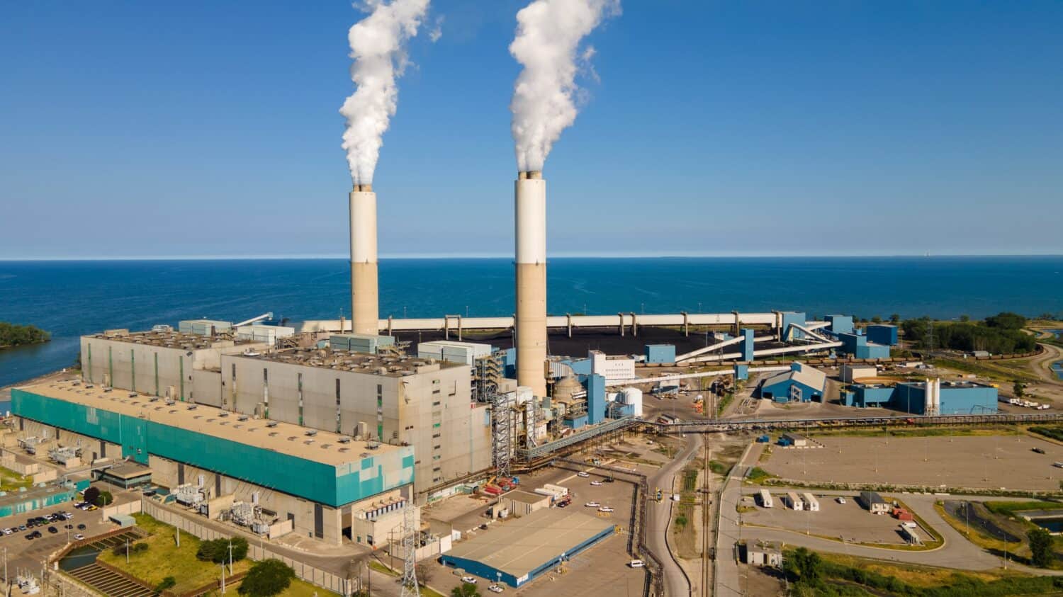 Aerial view of the Monroe Coal-Fired Power Plant on the shore of Lake Erie, Monroe Michigan