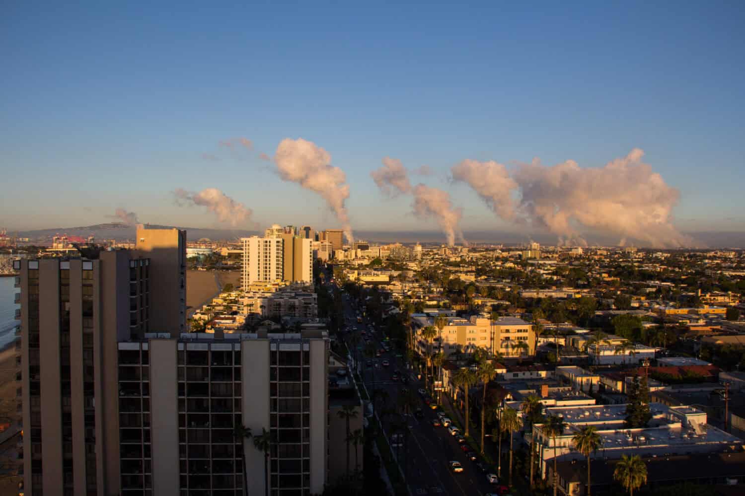 Pollution on a clear morning over Long Beach, California.