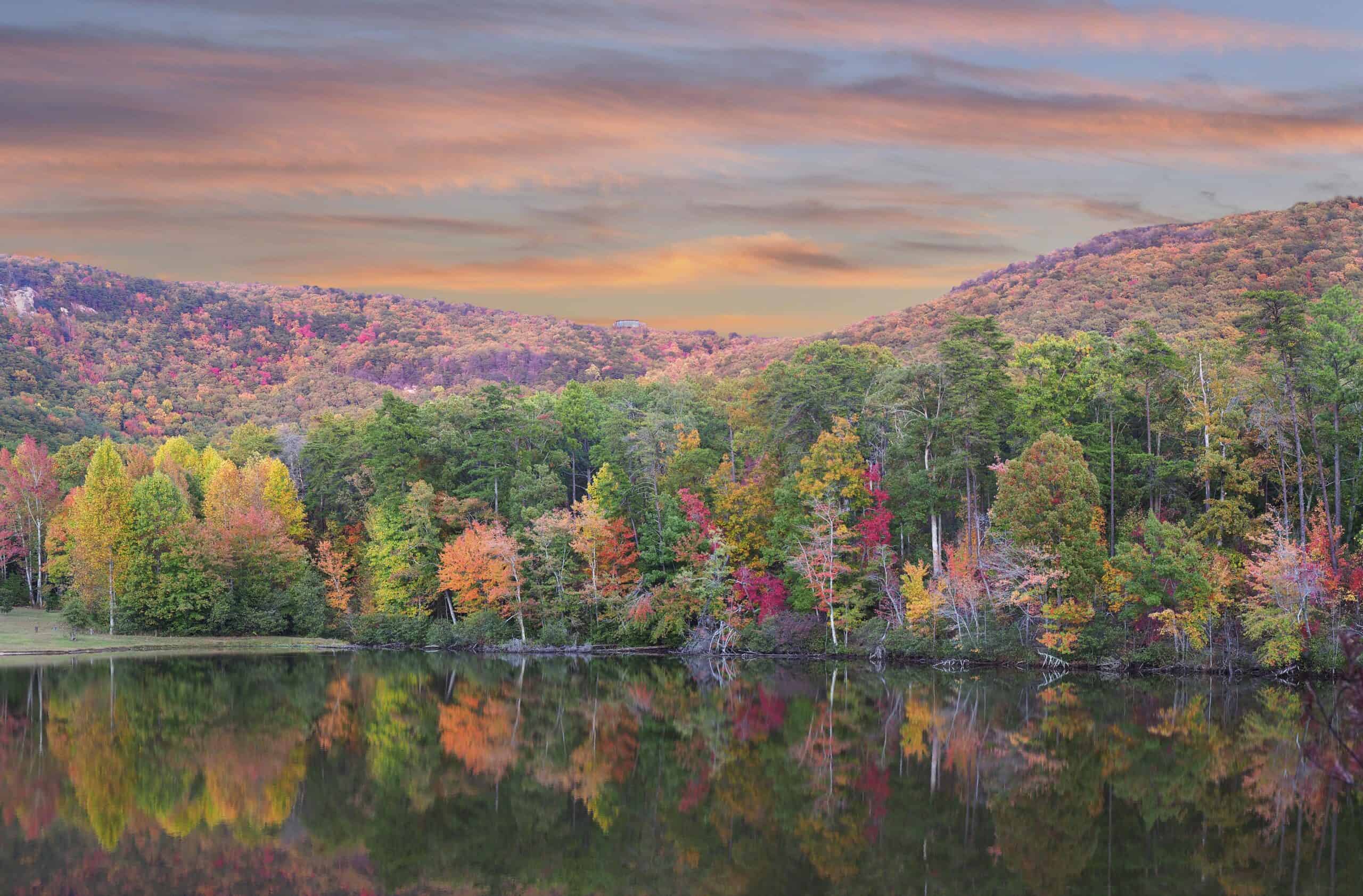 forest in Alabama | Panorama of Fall Foliage Reflected in the Lake at Cheaha State Park, Alabama