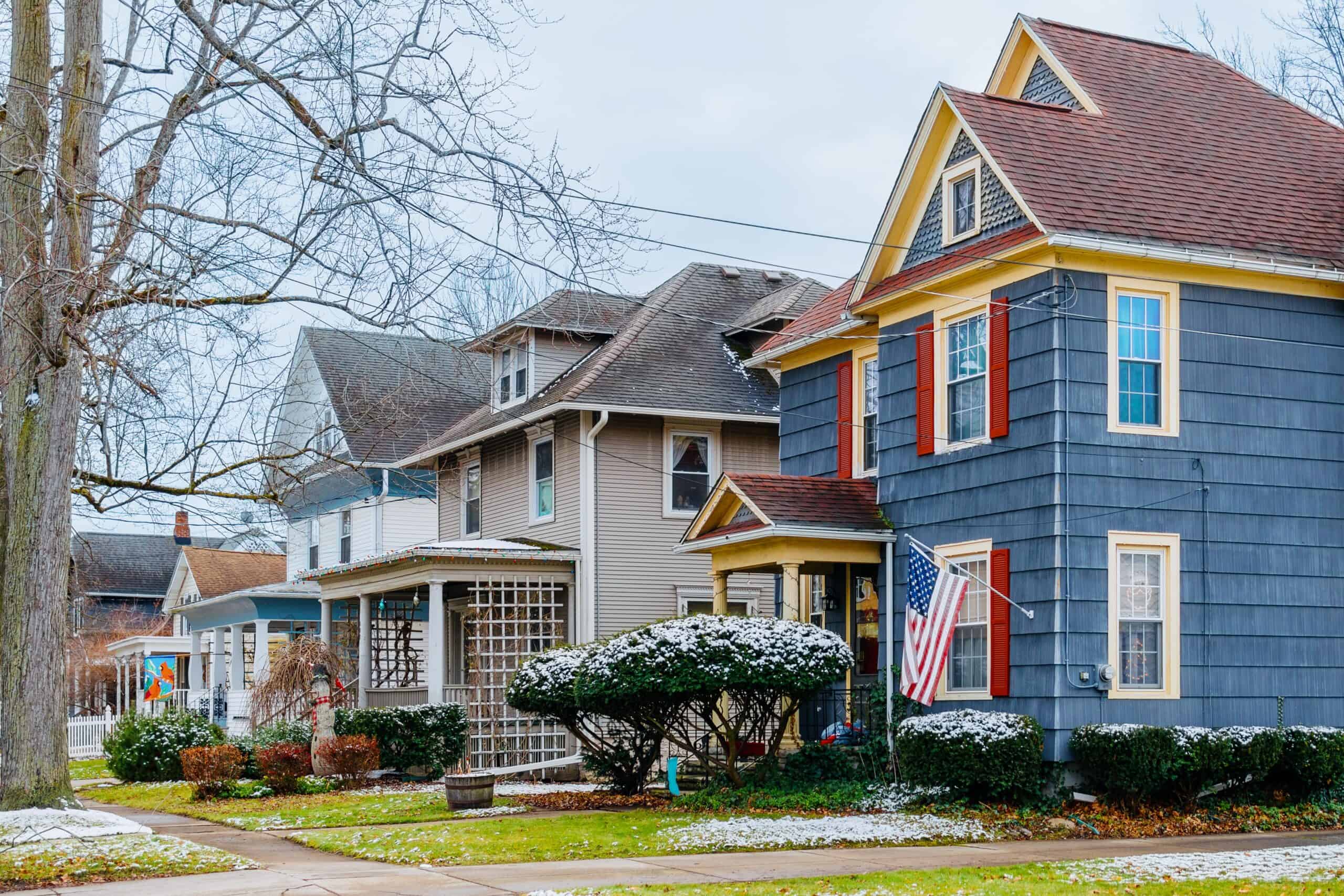 Lockport, New York | Row of Single Family Homes on Residential Street in Western New York During Early Winter