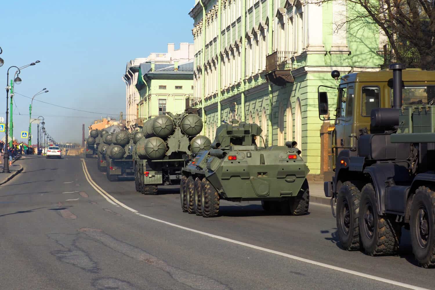 Saint Petersburg. Palace Embankment, transportation of heavy military equipment, preparation for the Victory Parade on May 9. People watch the convoy