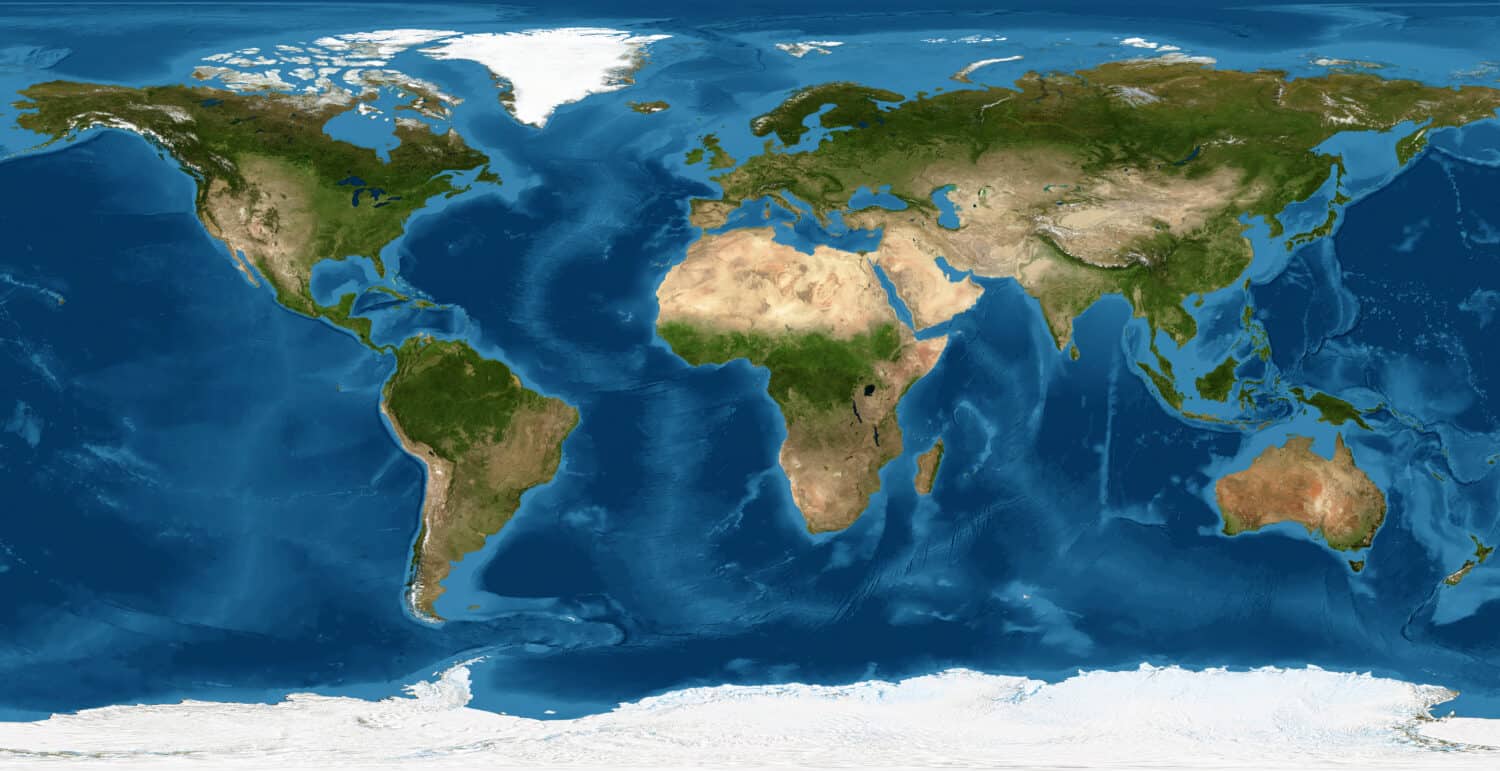 World map, Earth flat view. Detailed World physical map in satellite photo. Panoramic planet map with texture surface and ocean. Globe and planisphere theme. Elements of this image furnished by NASA.