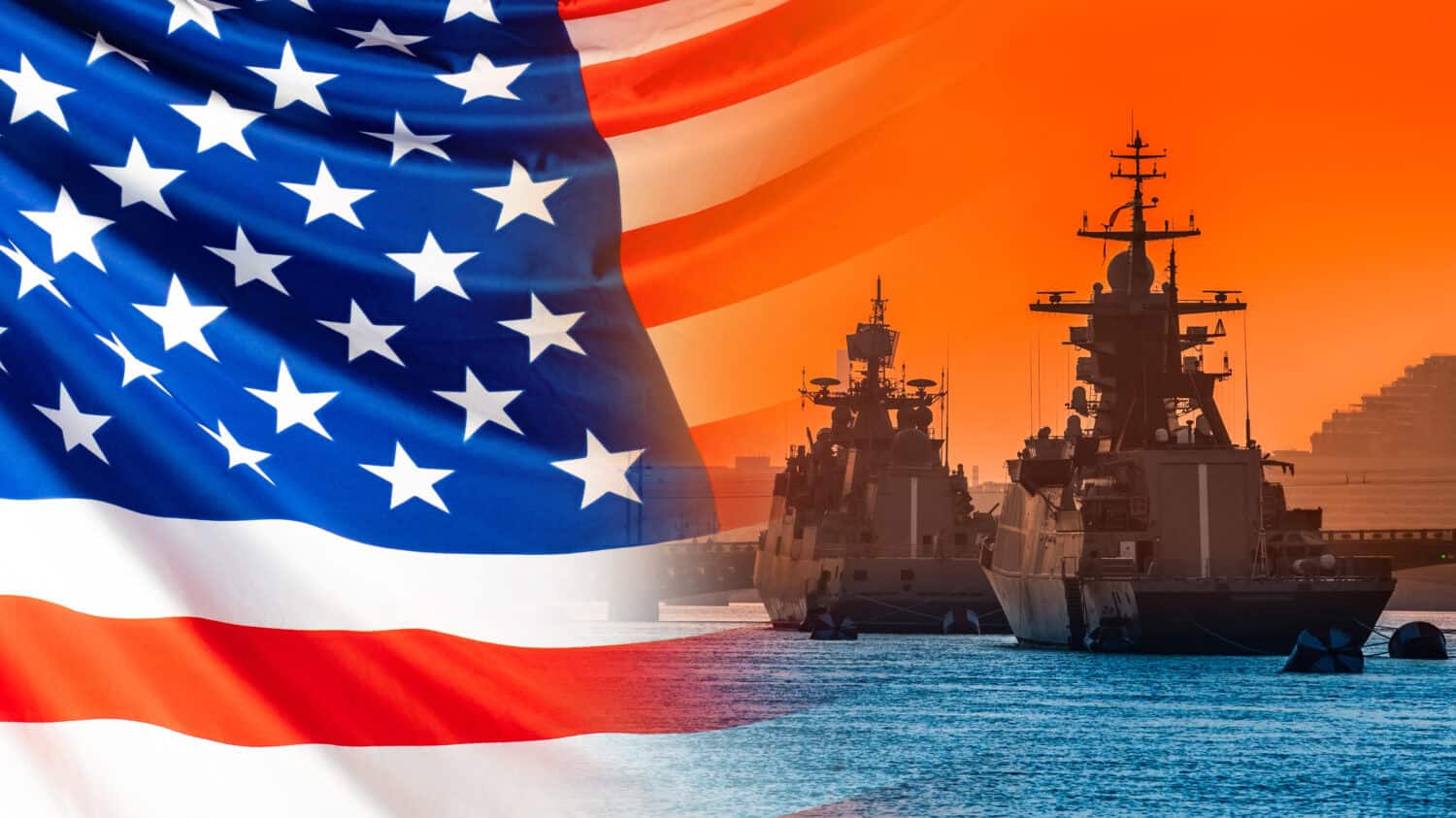 Moored warships on the background of the American flag. American fleet. Naval forces of the United States. The Navy of America. Equipment of the American army. Protecting America&#039;s water borders.