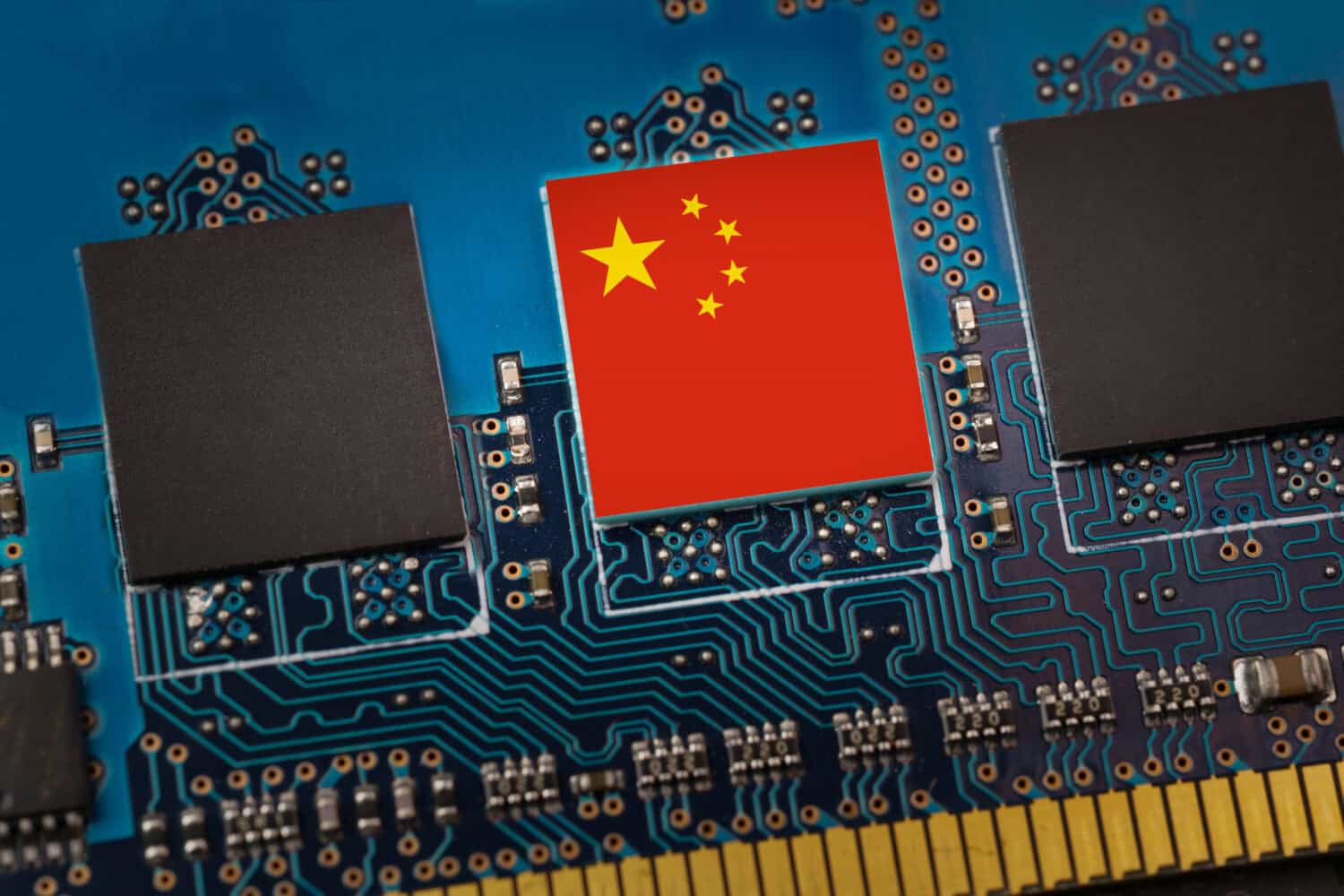 China flag in the center of a circuit board. Concept of leadership in technology, artificial intelligence or digital cryptocurrencies