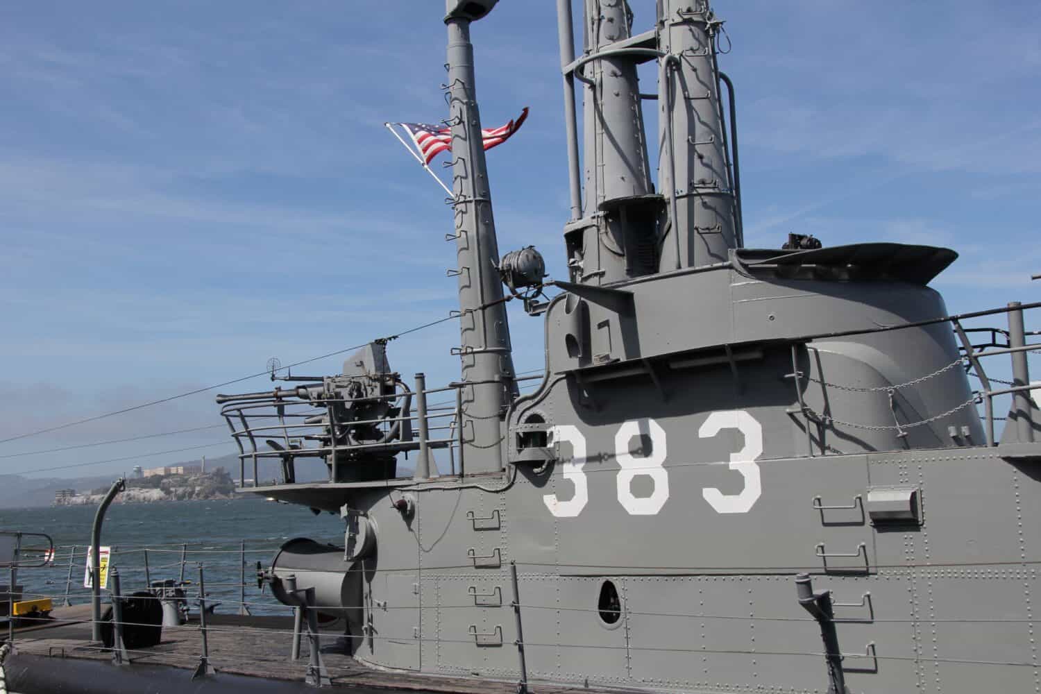 World War II Liberty ship SS Jeremiah O&#039;Brien pointing to Alcatraz Island, in Fisherman&#039;s Wharf, San Francisco, California, USA