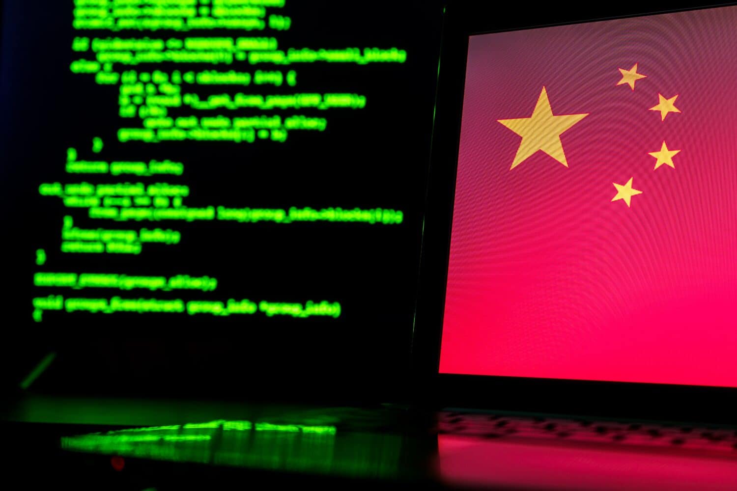 Chinese anonymous hackers. China flag and programming code in background