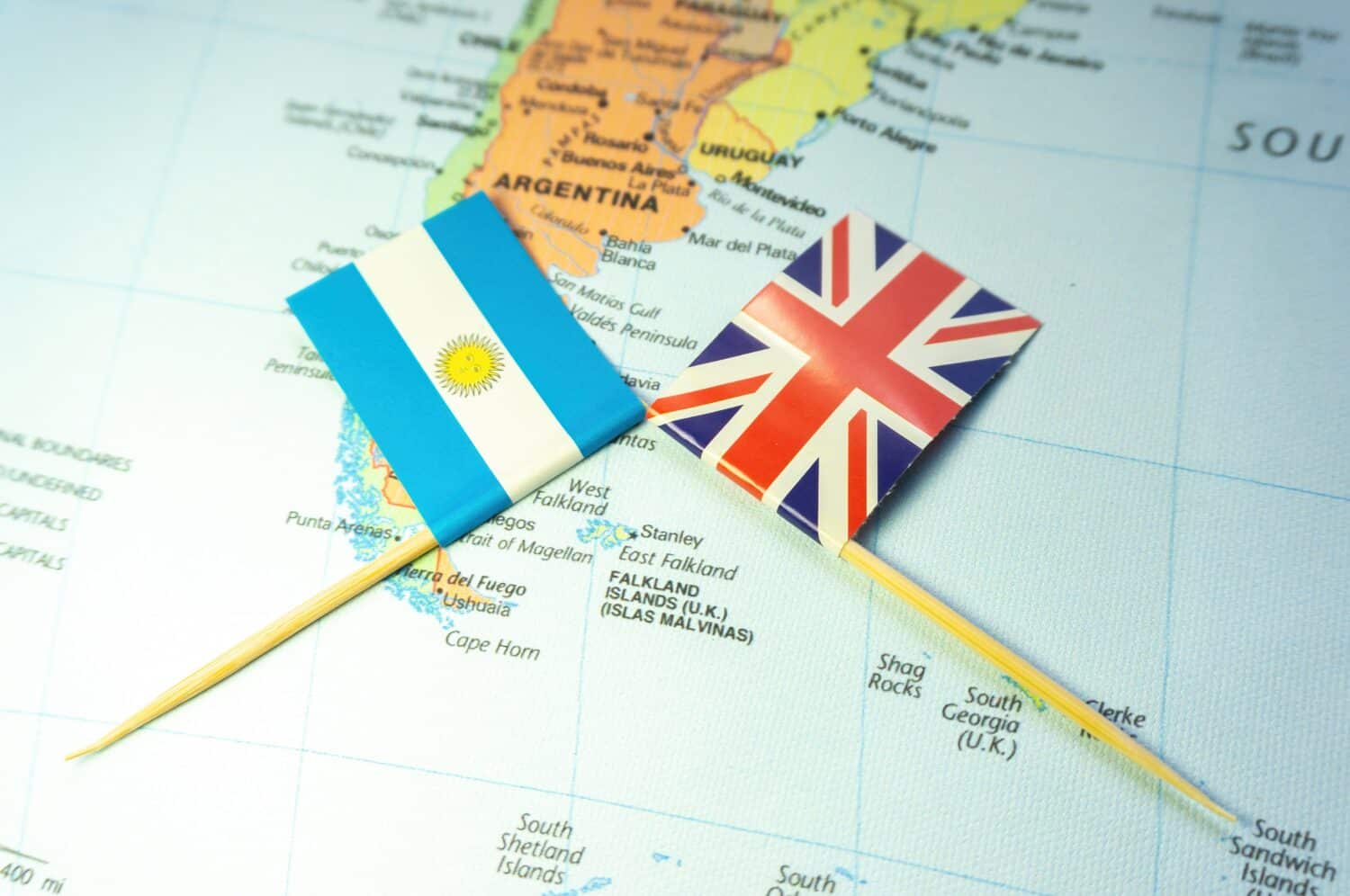 Argentine and British flags placed around the Falkland Islands or the Malvinas Islands. Local conflicts. Territorial disputes. Island war. Sovereignty crisis. Battle of the Falklands. by evan_huang