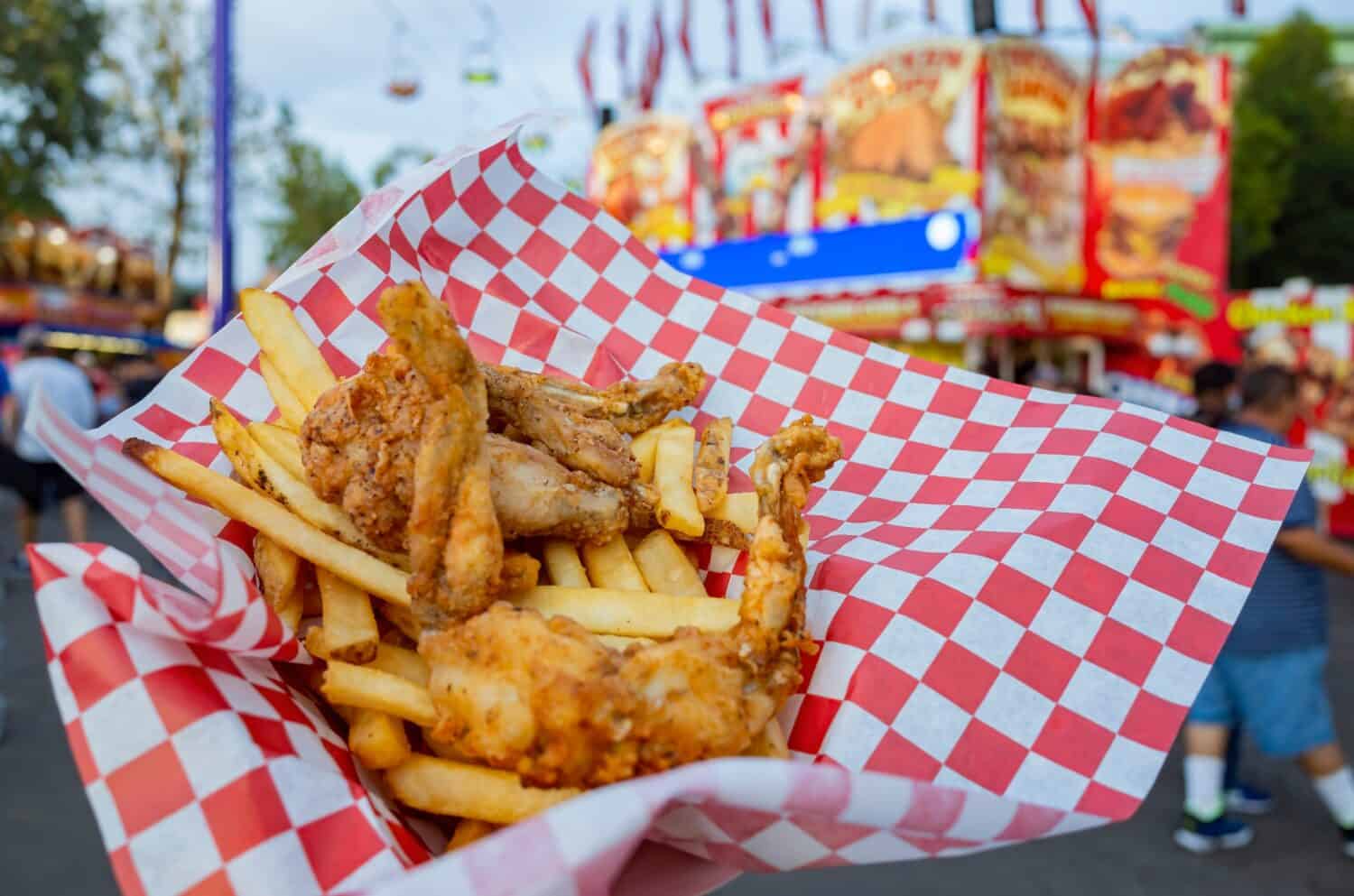 Close up shot of deep fried frog leggs and french fries at Los Angeles, California